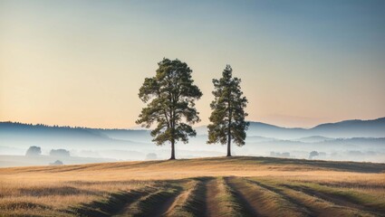 A dirt road with several trees on either side, a grassy field, and a blue sky.