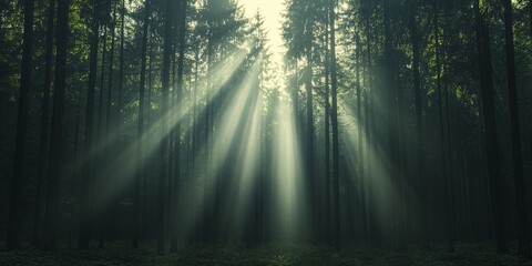 Naklejka premium A mystical forest scene with gentle beams of sunlight streaming through the leaves, creating an atmosphere that encourages tranquility and contemplation.