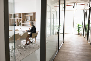 Mature business leader woman working at laptop in meeting room alone, sitting at large table with computer behind workspace glass wall. Contemporary office space interior with empty hall. Wide shot