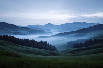 Obraz premium A serene panoramic view of rolling hills at dawn inviting reflection and inviting a sense of calm.