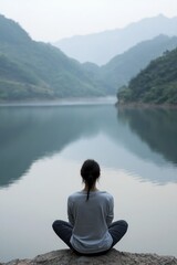 Fototapeta premium A serene moment captured with a young woman meditating on the edge of a tranquil lake embraced by nature's beauty.
