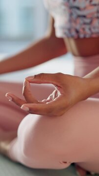 Meditation, hands and person for yoga at house for spiritual healing, fitness exercise and mindfulness of health. Woman, pilates and zen practice of calm performance, holistic care and peace wellness