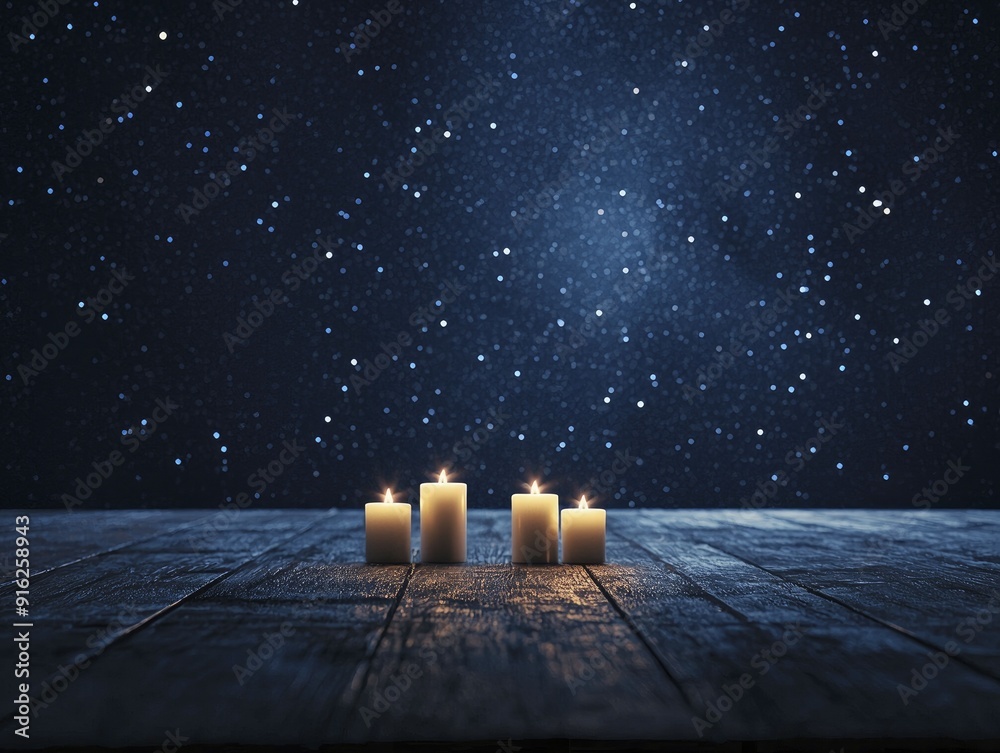 Wall mural A serene meditation setting beneath a star-filled sky, illuminated by the soft light of candles, beckoning a sense of calm and tranquility.