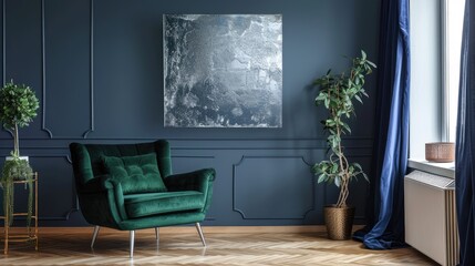 Green armchair in navy blue living room with silver painting