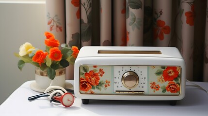 Vintage radio with a floral arrangement for a nostalgic and retro-inspired visual.