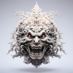 Naklejka premium White Sculptural Demon Mask with Ferocious Expression and Intricate Detail.