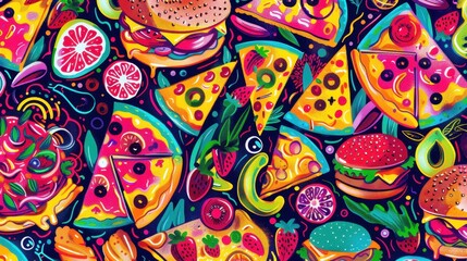 A colorful array of pizzas, burgers, and fruits is displayed artfully against a dark backdrop