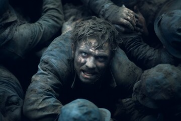 Powerful scene of a man in distress surrounded by a chaotic crowd for an intense and dramatic visual.