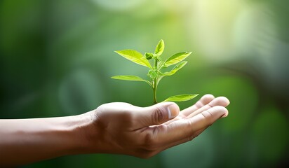 a hand carrying a green plant with a blur effect background, hands holding a plant