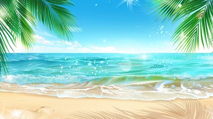Summer tropical sea with sand beach, palm leaves, sparkling waves and blue sunny sky. Wide template background with copy space 