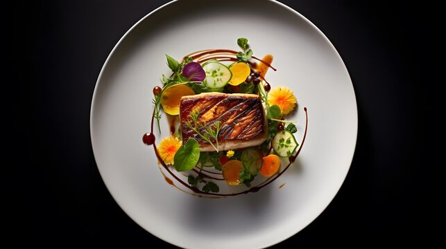 Artistic presentation of a gourmet dish with vibrant colors on a black plate for a culinary masterpiece.