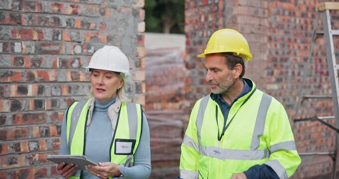 Tablet, walking or people in construction site for inspection, building architecture or engineering quality control. Teamwork, developer or builder with maintenance schedule, progress or contractor