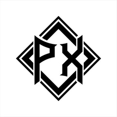 PX Letter logo with abstract shield shape with square black outline on white background design