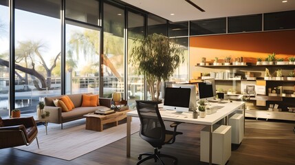 Fototapeta premium Luxurious home interior with open floor plan and ocean view