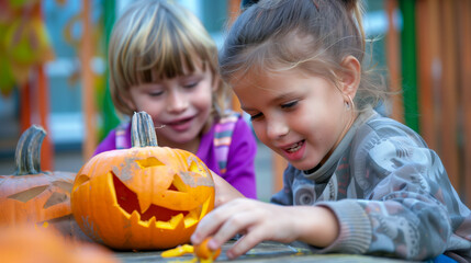 Fototapeta premium Young Girls Engaged in Pumpkin Carving Outdoors
