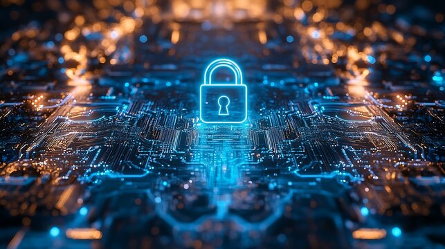 Digital Security and Protection: A Futuristic Lock Symbolizing Cybersecurity on a Glowing Circuit Board