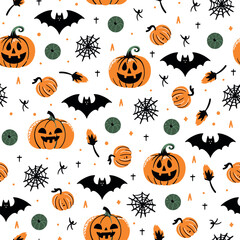 Halloween set with ghost, potion, branches, moon, crescent, leaves, pumpkins, stars, eyes and candies, sweets. Halloween card, Halloween pattern.