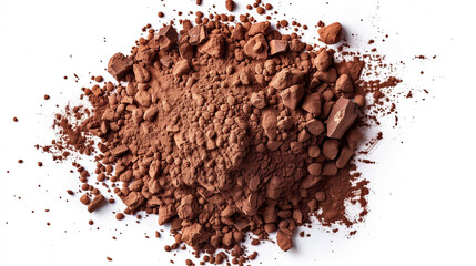 A mound of rich cocoa powder displayed on a clean white background, viewed from above, showcasing its fine, earthy texture.

