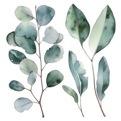 Fototapeta premium Watercolor painting of three eucalyptus branches with green leaves isolated on white background.