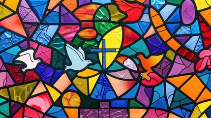 Colorful stained glass displays birds surrounded by abstract patterns and shapes, creating a serene atmosphere