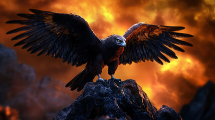 Fototapeta premium A large eagle is perched on a rock in front of a fiery sky. Concept of power and majesty, as the eagle stands tall and proud in its natural habitat