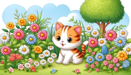 Fototapeta premium Cartoon image of a cute cat in a flower garden, white background 