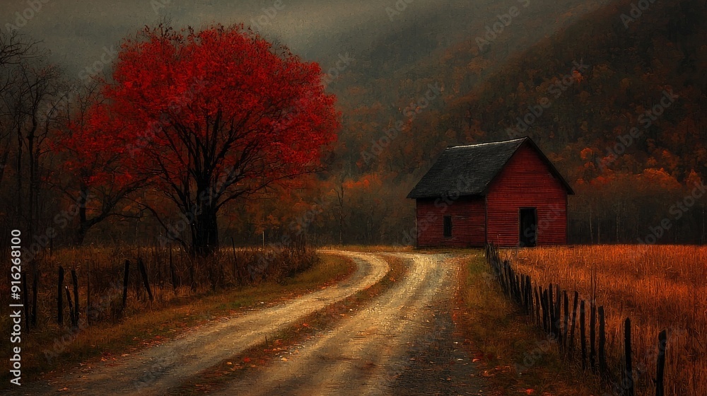 Wall mural an autumn landscape in the countryside with mist and fog.