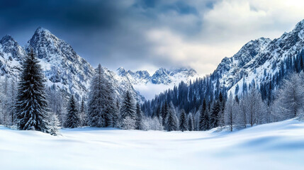 Fototapeta premium A snowy mountain range with trees and a clear blue sky. The sky is cloudy, but the snow-covered mountains and trees give the scene a peaceful and serene atmosphere