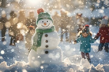"Festive Snowman in a Snow-Covered Christmas Village Street, Illuminated by Twinkling Holiday Lights and Capturing the Joy of the Winter Season