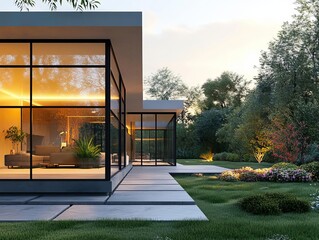 Detail of a modern house s large glass window with reflections of nature, simplicity and transparency in architecture, modern design concept