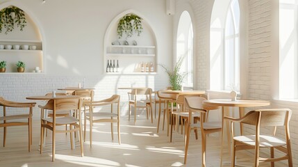 Elegant Modern Cafe Interior with White Walls, Arched Windows, Wooden Tables, Professional Photography in Soft Natural Light, Minimalistic Design Aesthetics