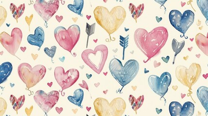 A vibrant arrangement of hearts and balloons in watercolor style against a soft, light backdrop