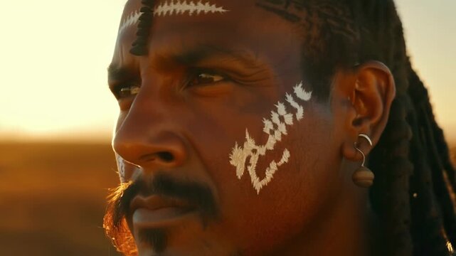 An intense closeup of an Apache warriors face his painted features representing his tribes history and culture.