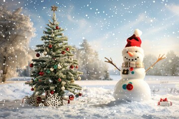 Obraz premium Charming Snowman with Festive Christmas Tree in a Snowy Winter Wonderland, Capturing the Joy and Magic of the Holiday Season