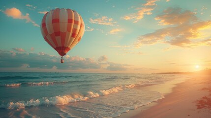 Obraz premium Serene journey: beautiful hot air balloon gracefully floating over enchanting marvellous landscape, harmony between nature, flight, creating captivating visual experience of tranquility, wonder.
