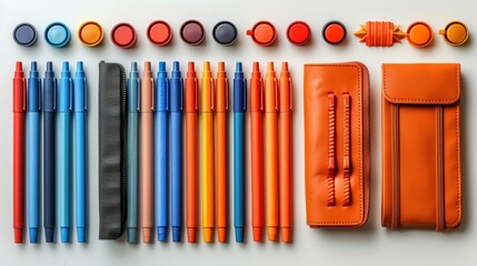 Neatly arranged stationery set featuring colorful markers, a stack of legal pads, and a stylish desk organizer on a seamless white background. 