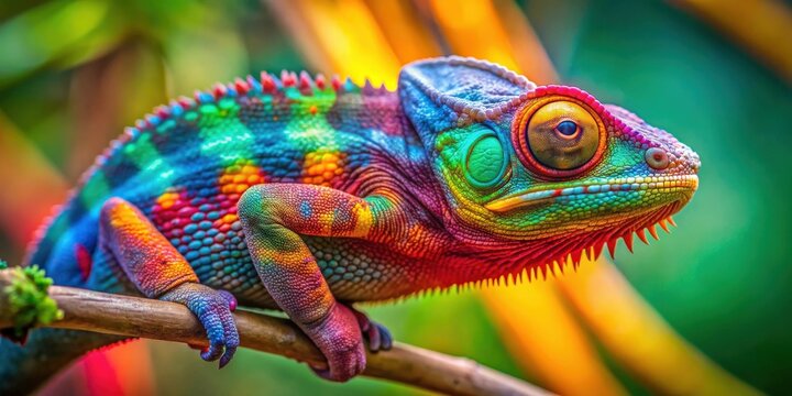 Close-up of a rainbow chameleon blending into a vibrant branch , reptile, colorful, camouflage, nature, wildlife, exotic