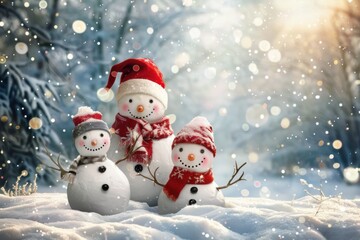Fototapeta premium Cheerful Snowman Family with Santa Hats and Red Scarves Enjoying a Snowy Winter Wonderland in a Festive Holiday Scene