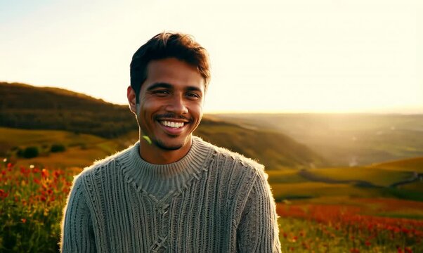 Environmental portrait video of a pleased man in his 20s wearing a cozy sweater against a summer landscape or beach background