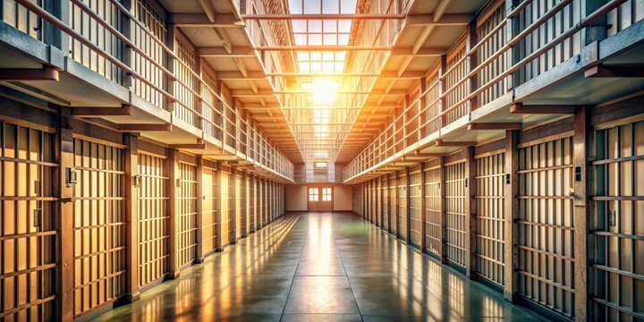 Sunlit prison hallway with rows of cells , prison, hallway, sunlit, cells, incarceration, confinement, lockdown, security