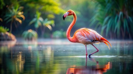 Fototapeta premium Majestic flamingo standing elegantly in the water , graceful, beauty, bird, wildlife, nature, pink, feathers, tropical, elegant