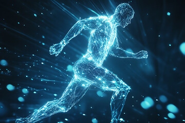 Fototapeta premium Abstract wireframe running man form lines and triangles, point connecting network