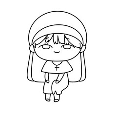 A cartoon girl with a cross around her neck and a nun hat on her head