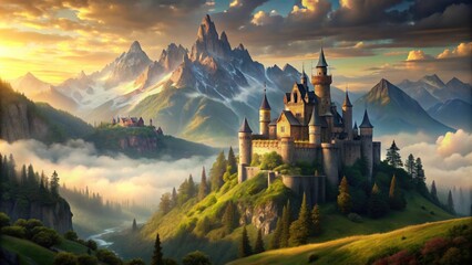 Fototapeta premium Fantasy castle nestled in a mountain landscape , castle, fantasy, mountains, landscape, scenic, architecture, medieval
