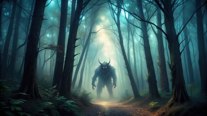 Obraz premium Spooky forest with a dark monster lurking in the shadows, spooky, dark, monster, forest, trees, eerie, mysterious