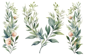 Obraz premium Watercolor painting of delicate pink flowers and green foliage.