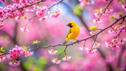 Fototapeta premium Yellow bird perched on pink tree in a beautiful park, Yellow bird, pink tree, park, charming, nature, wildlife, vibrant