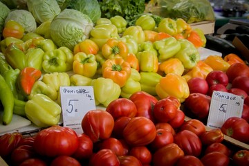 Vegetables arranged in a stall at a market