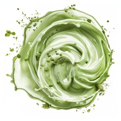 Obraz premium Photography of circular creamy matcha latte splash swirl, matcha powder floating isolated white background