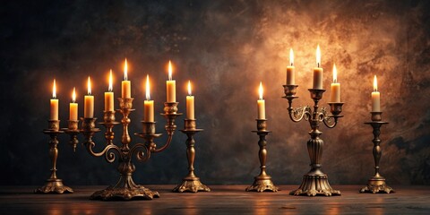 Burning candles in elegant vintage candlesticks on a dark background, vintage, candles, candlesticks, dark background, flames
